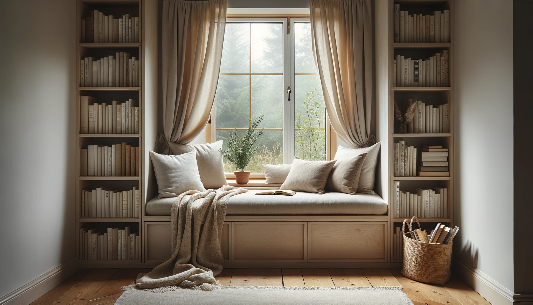cozy reading nook in neutral tones next to a window with built in book shelves