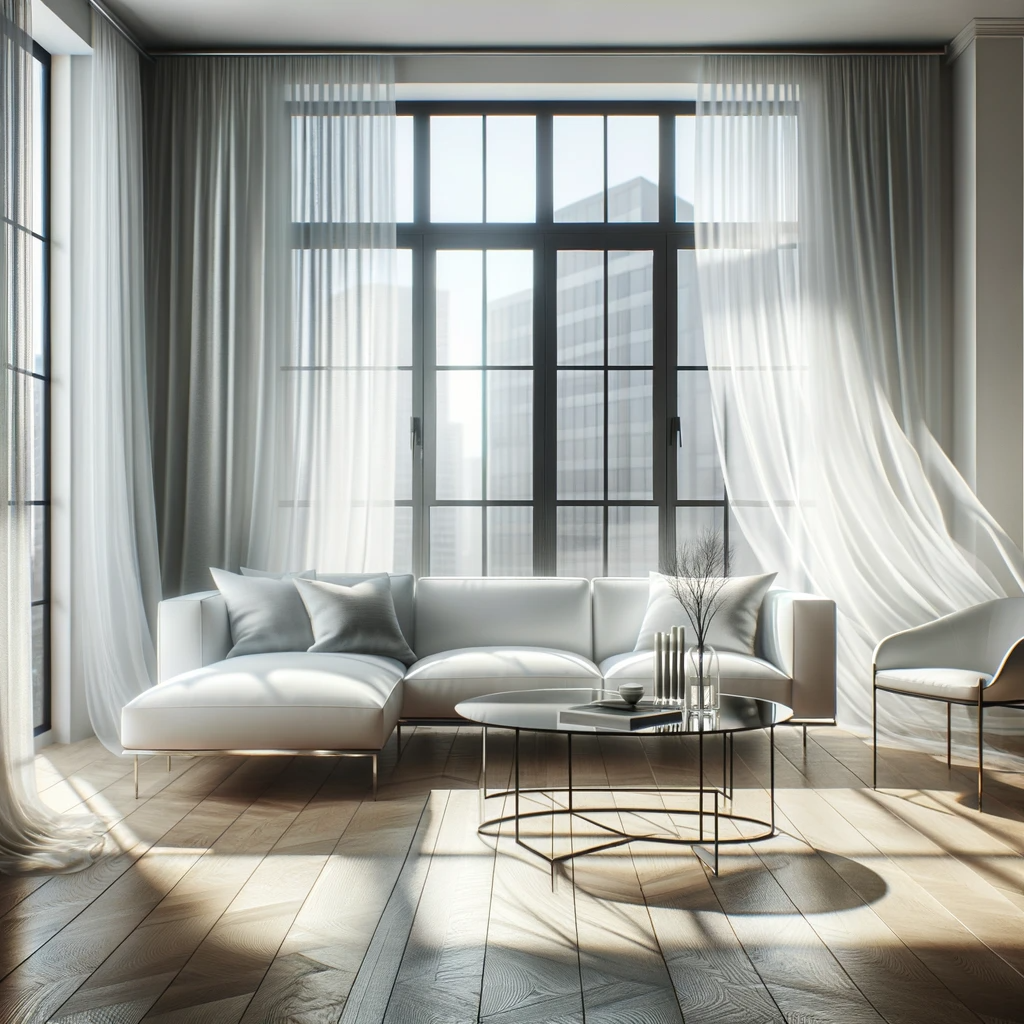 a modern living room with billowing sheer curtains