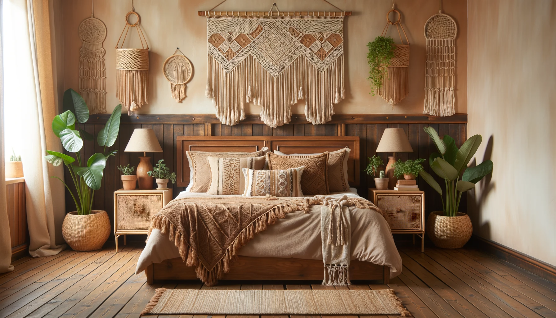bohemian bedroom with wood headboard, wood flooring, and rattan furniture
