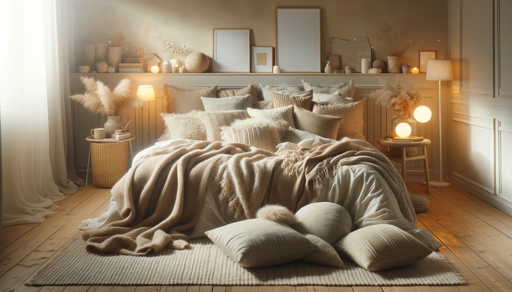 cozy bedroom with many pillows and blankets and soft lighting