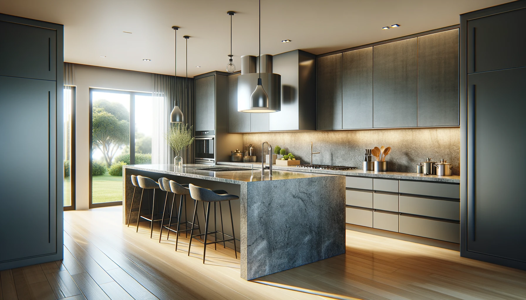 modern gray kitchen with waterfall style granite countertop