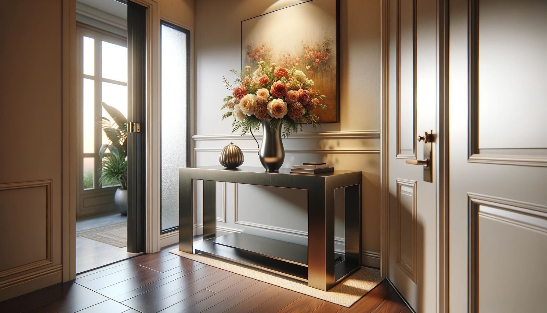 entryway table with a vase of fresh flowers