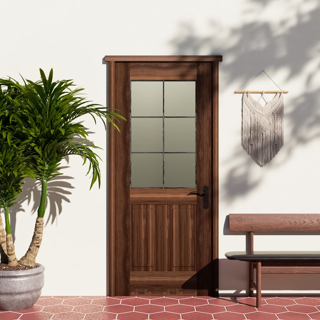Half French Glass Exterior Front Door next to a plant and a bench
