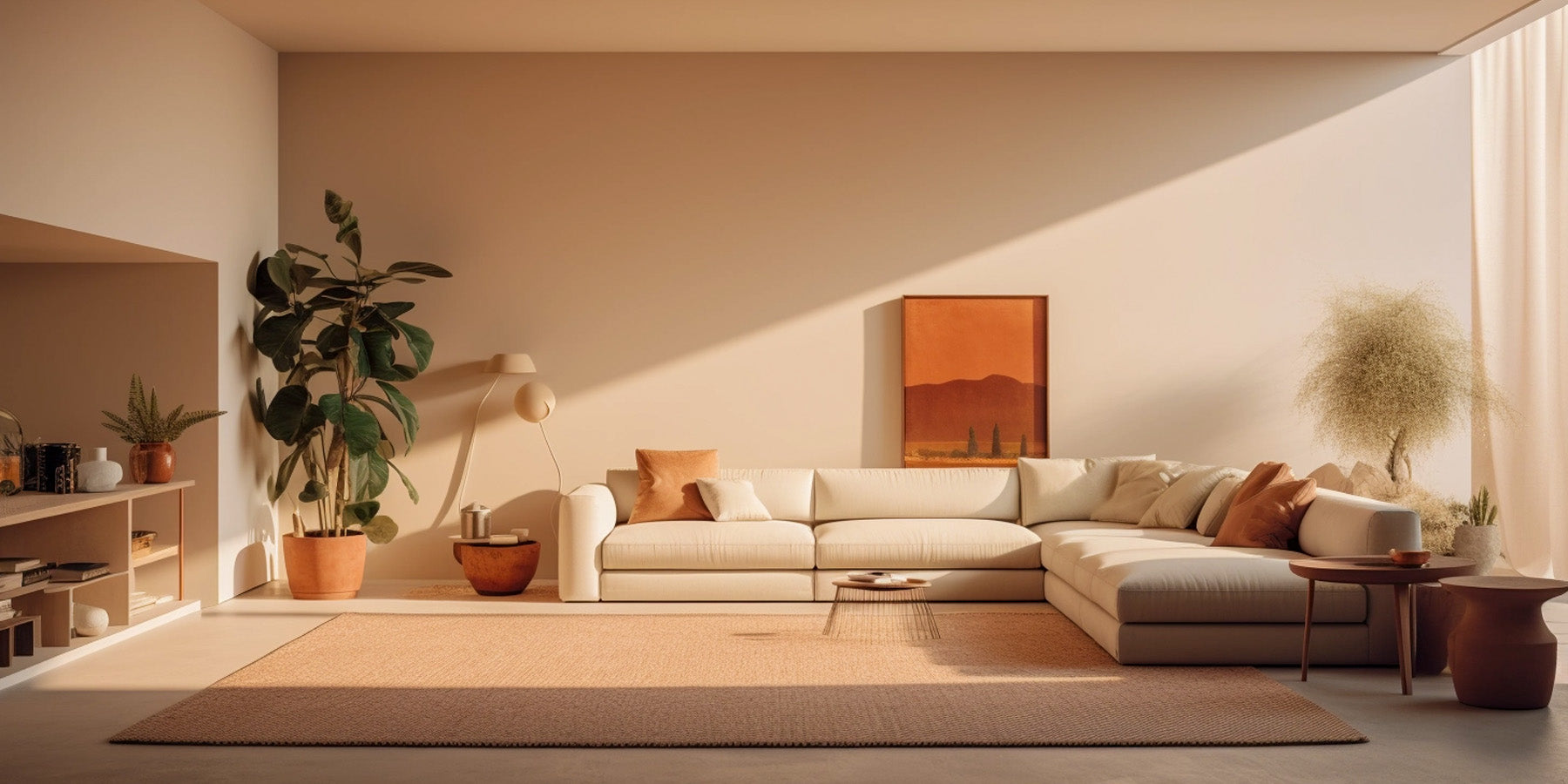 Minimalist living room with earth-tone details