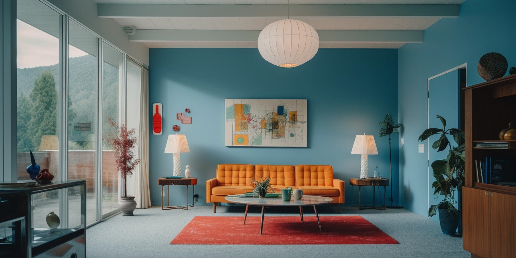 A vintage mid-century modern living room with blue walls and an orange couch