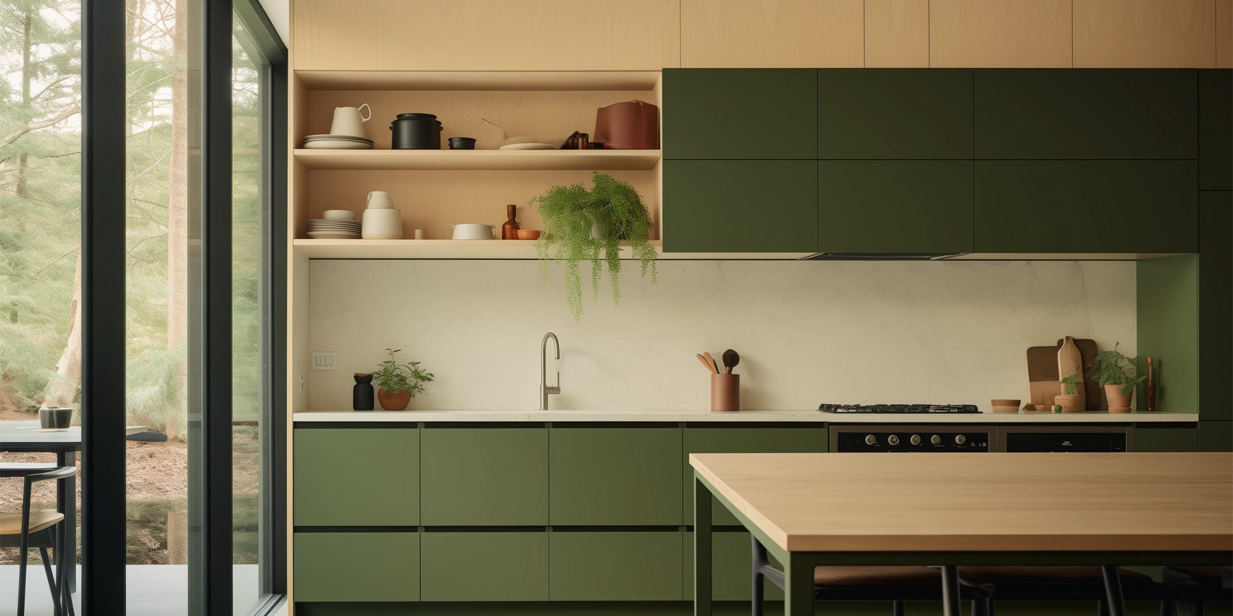 A modern kitchens with forest green flat cabinets.