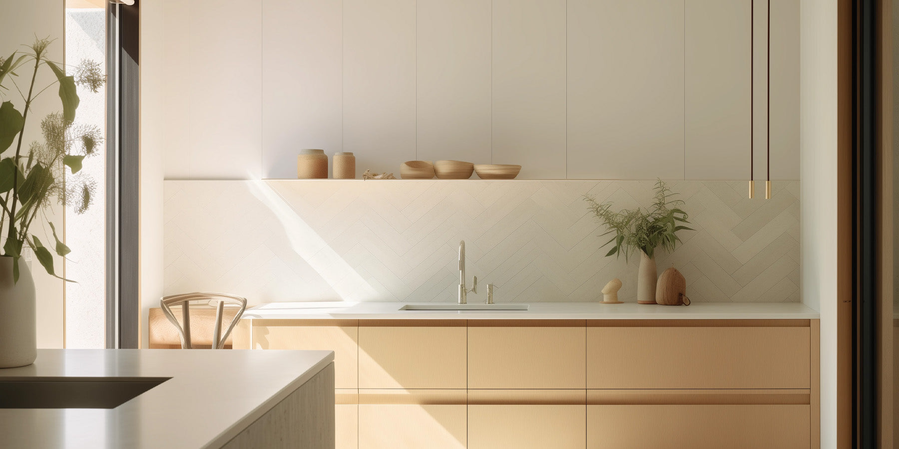 A modern kitchen with a white herringbone tile backsplash