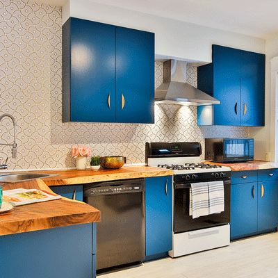Modern Full Size Butcher Block Countertop with Blue cabinets