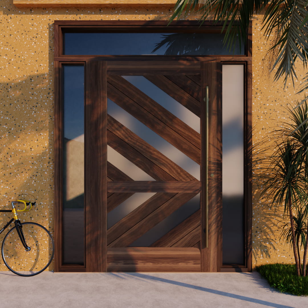 chevron wood and glass panel pivot door on a modern home with side lights and transom