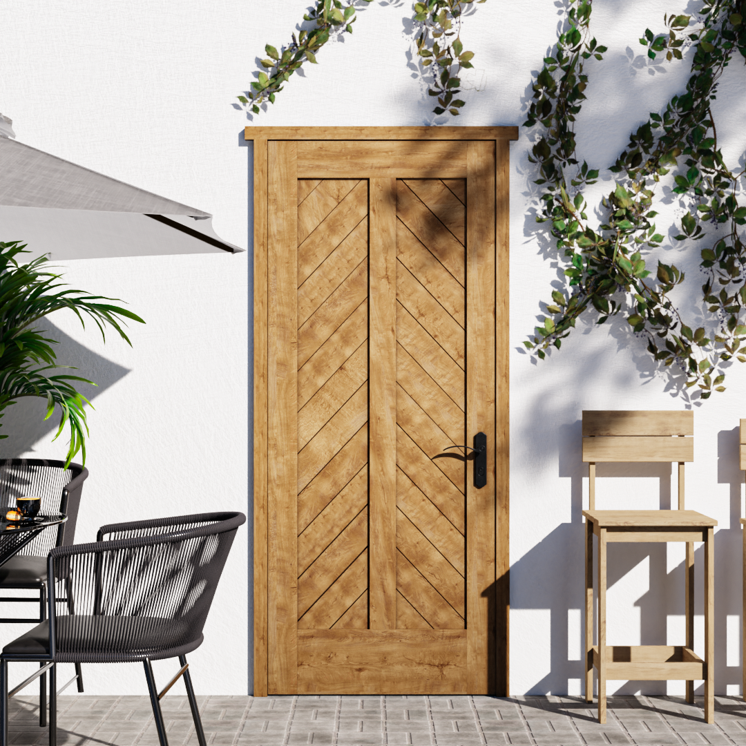 Mountain Chevron Solid Core Exterior Front Door next to exterior chairs, wood stools, and vines