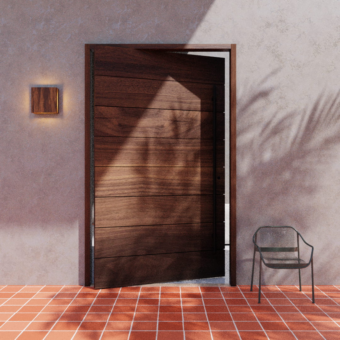 all wood pivot door on modern home with red tile