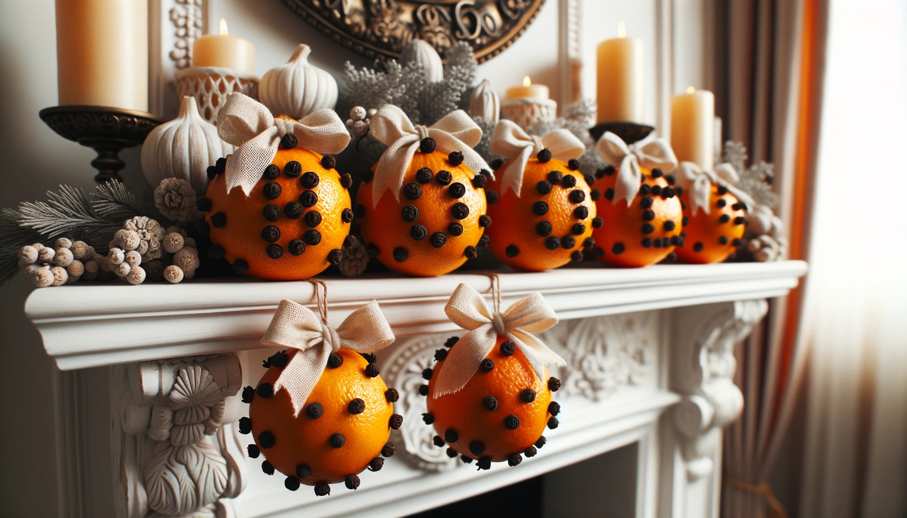 oranges studded with cloves on a mantel piece with floral arrangements flanking them