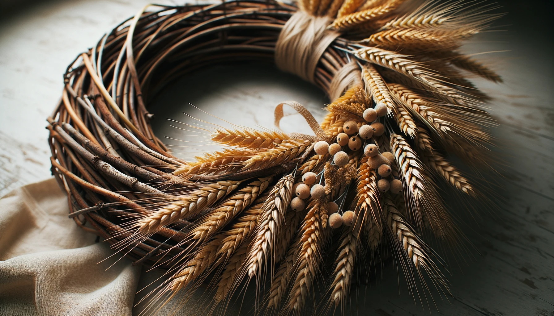 wheat stalks gathered on a grapevine wreath form