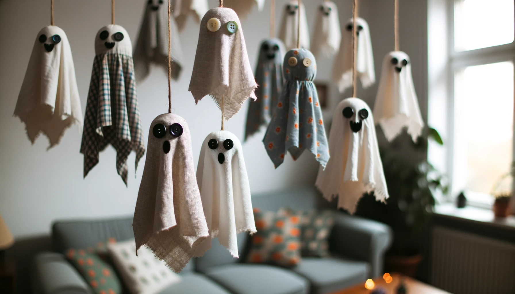 recycled fabric ghosts suspended from the ceiling in cozy living room