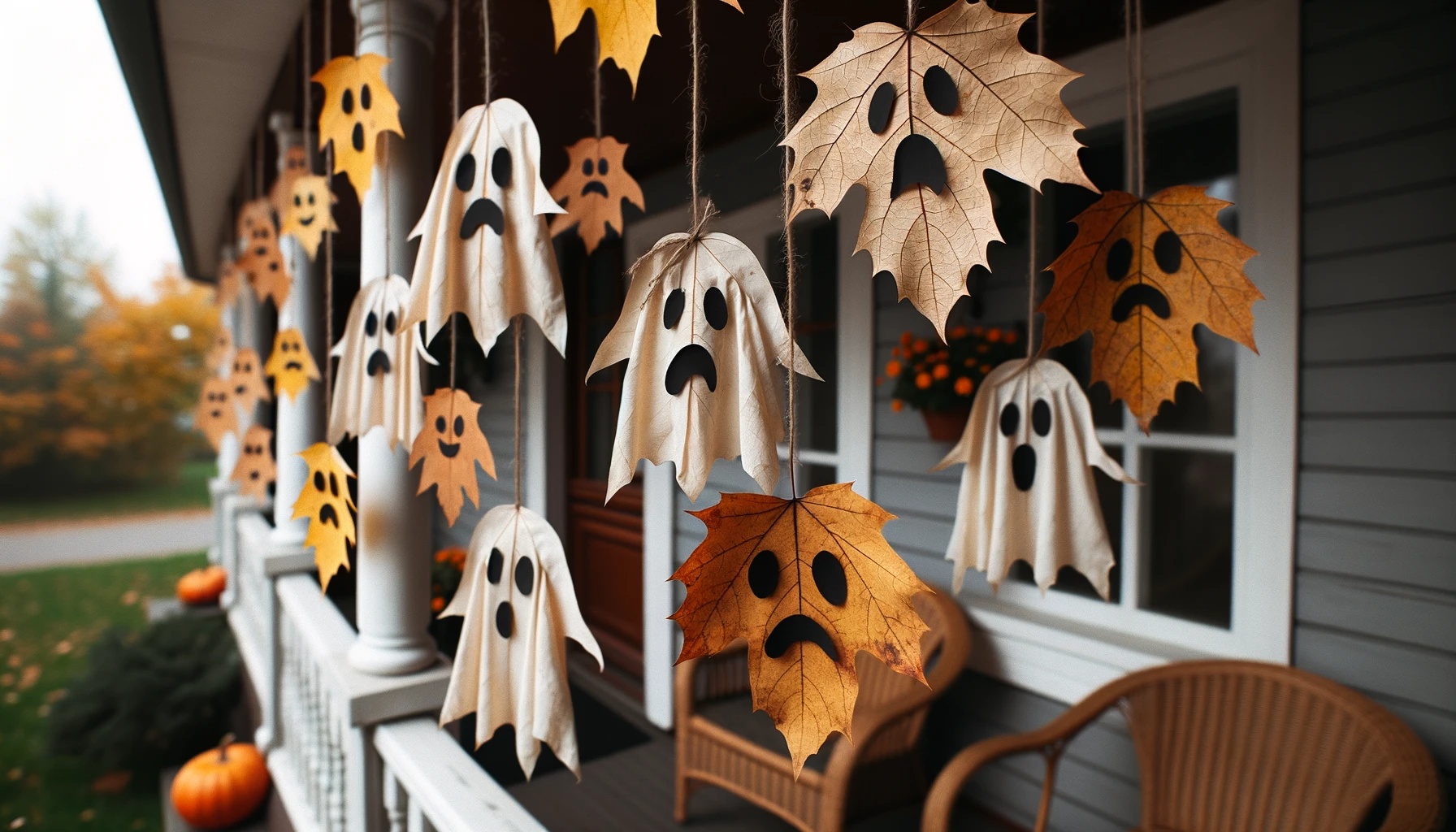 leaves on string with ghost faces drawn on, suspended from a porch