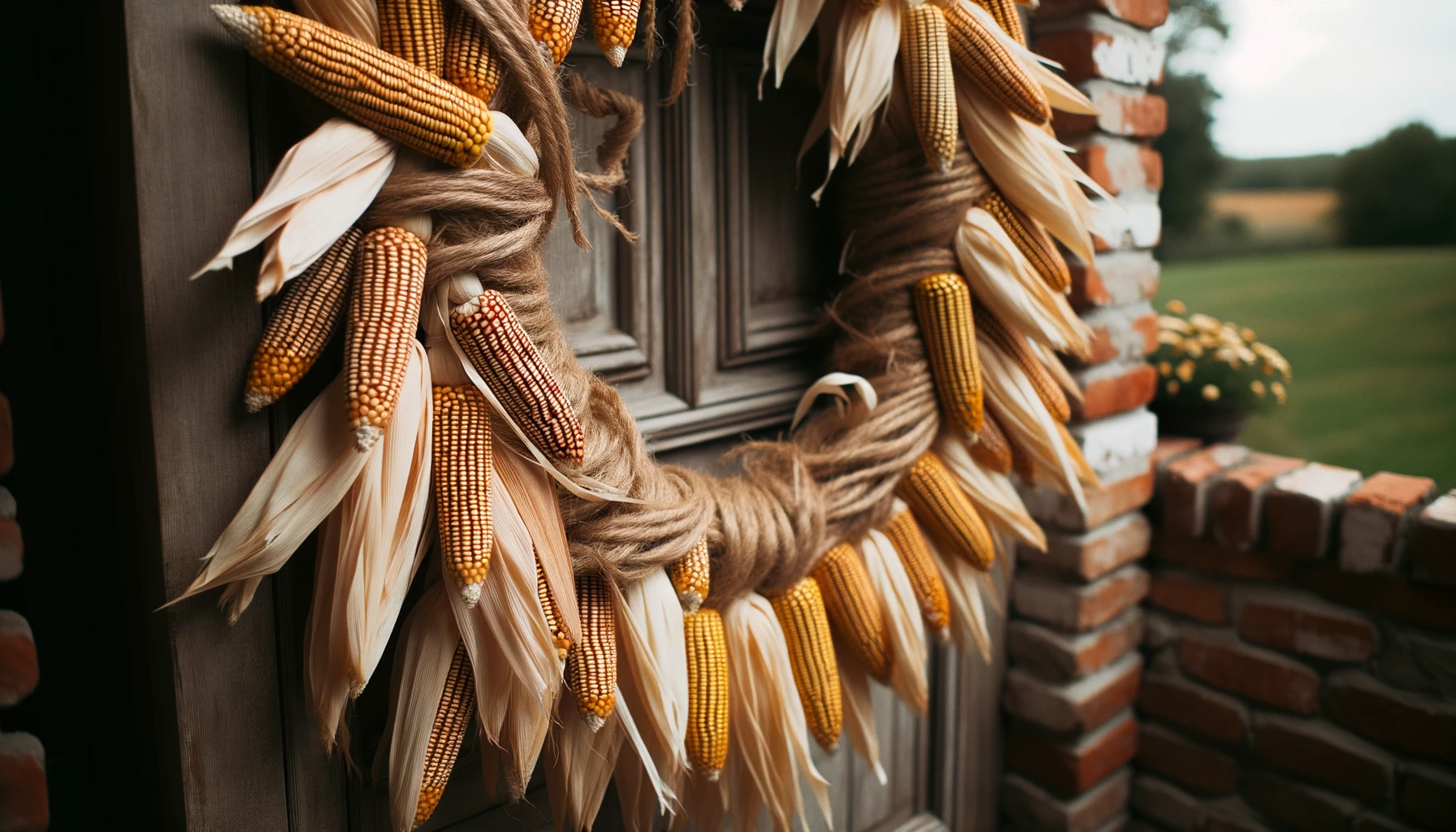 corn husks woven together as a wreath on a door