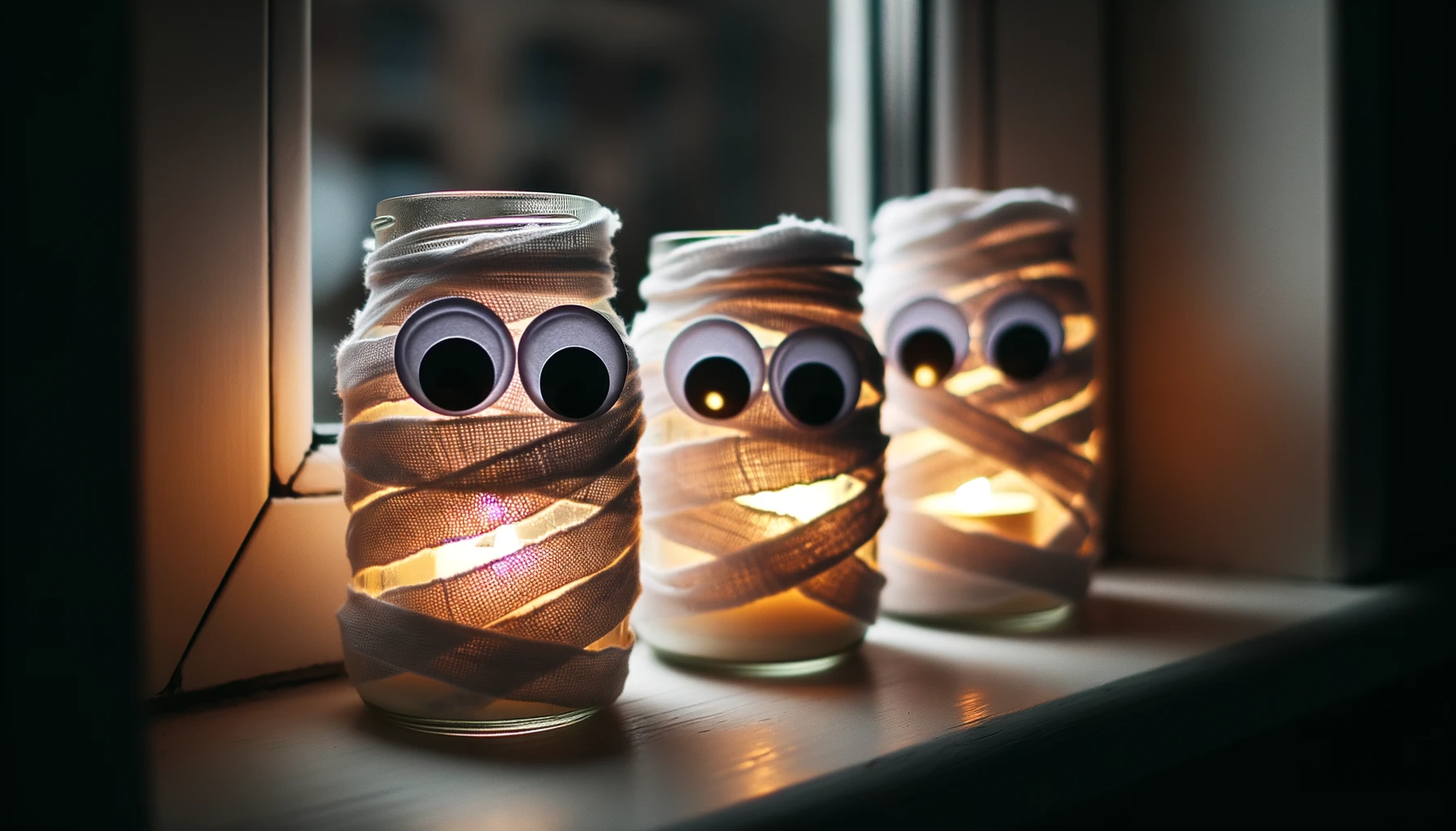 mason jar mummies with googly eyes and candles inside