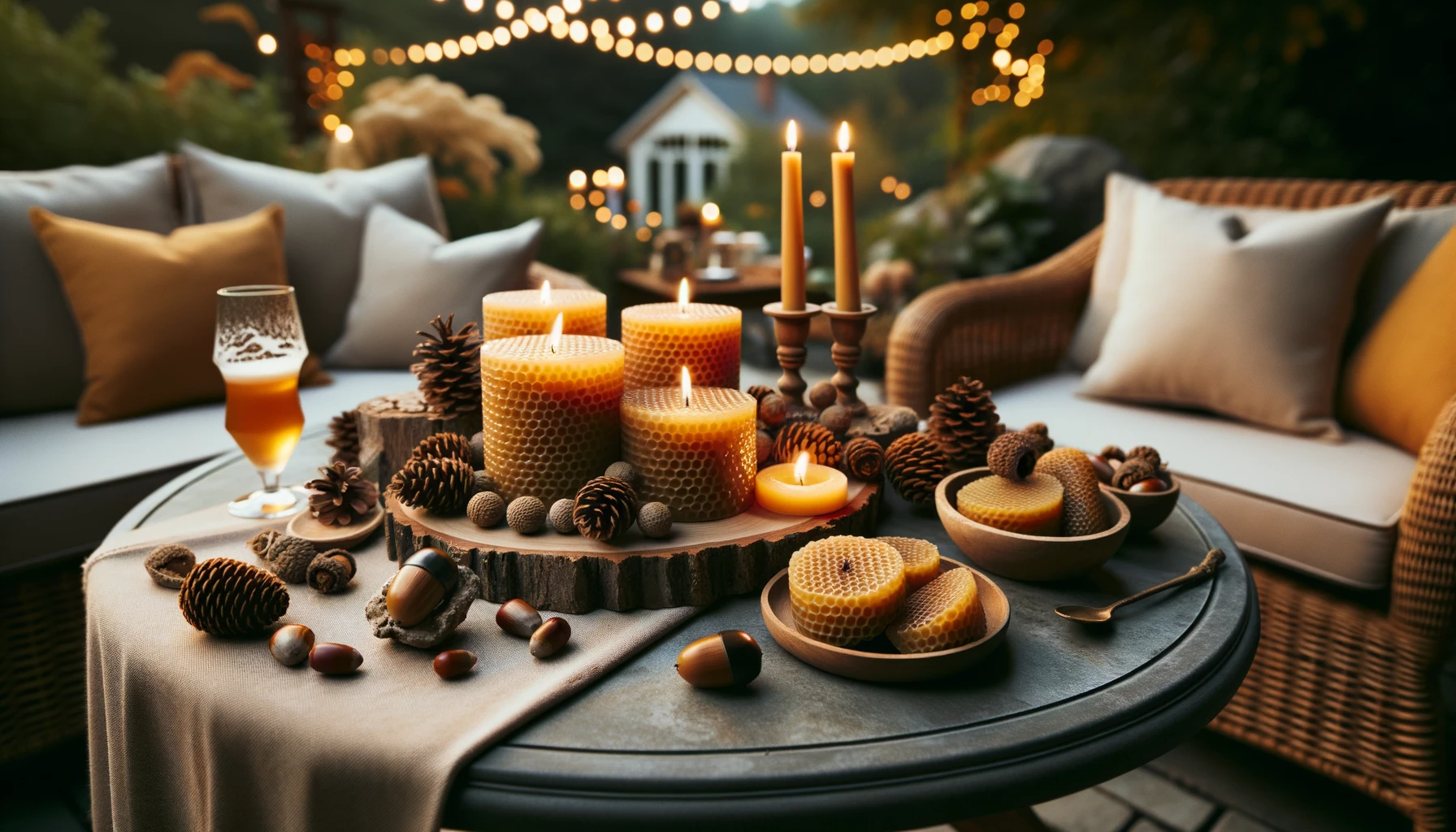 beeswax pillar candles on a table with pinecones, chestnuts, and a glass of beer