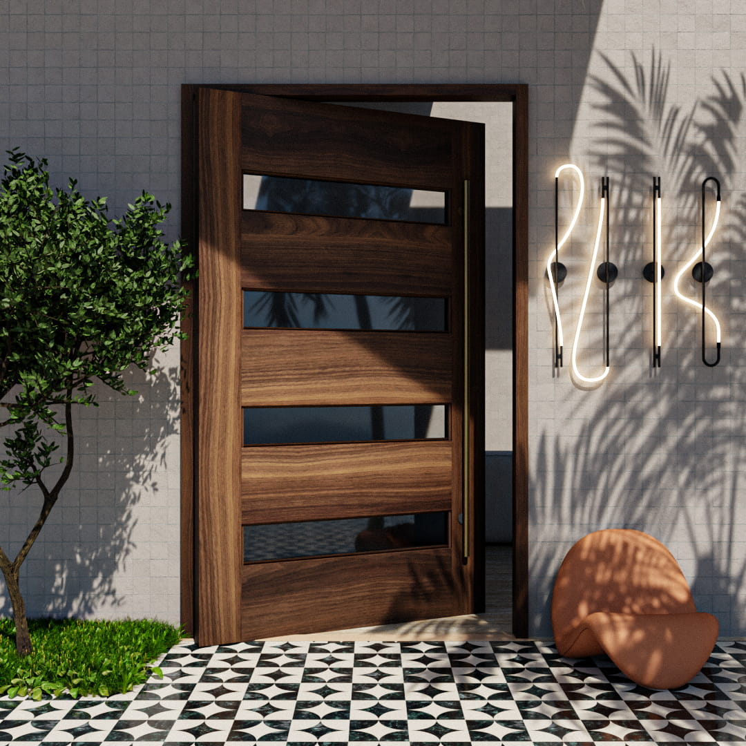 black walnut pivot door on modern home