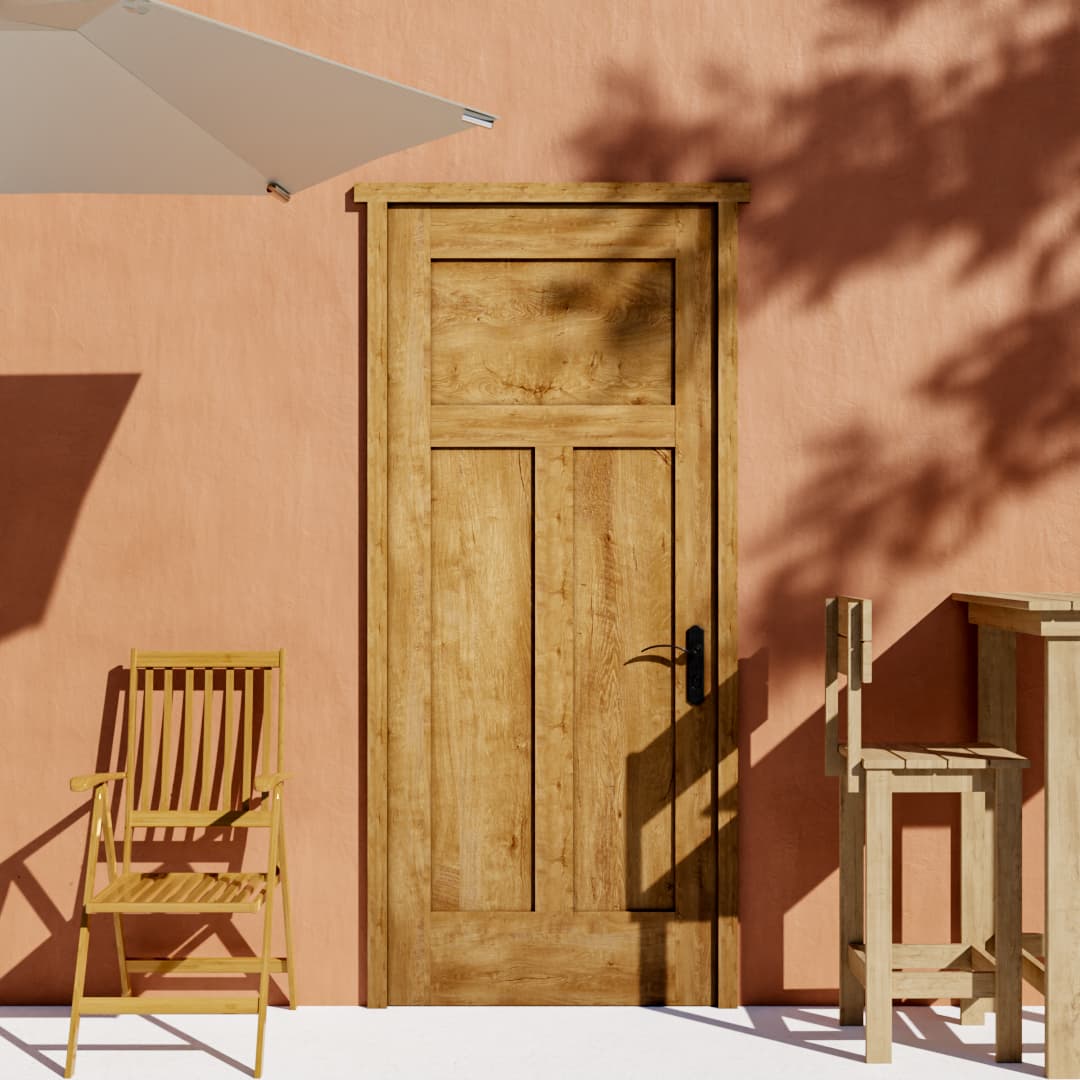 Shaker High-T Solid Core Farmhouse Front Door in a exterior spa area