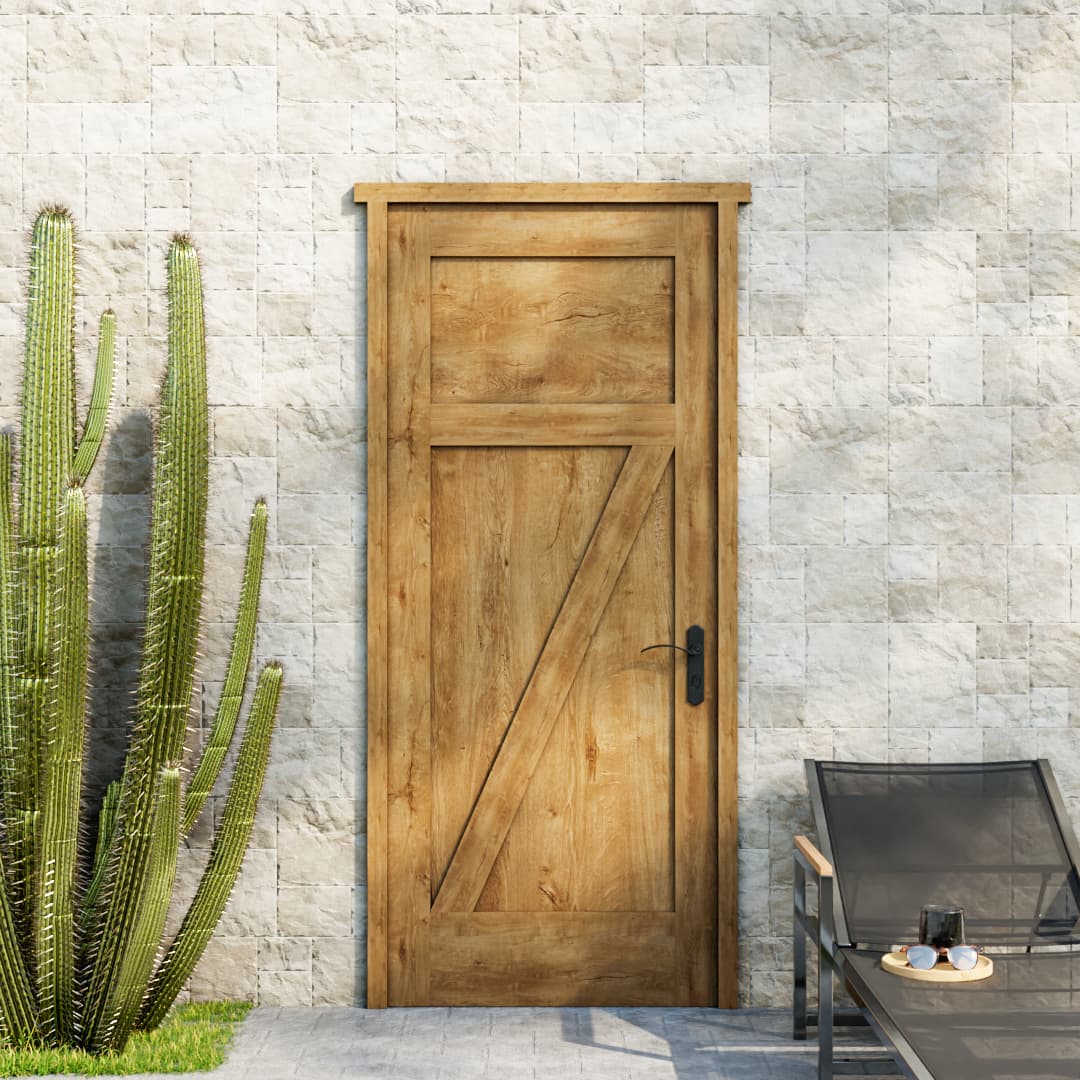 Shaker High-Z Solid Core Wooden Exterior Entry Door next to a cactus and exterior chair