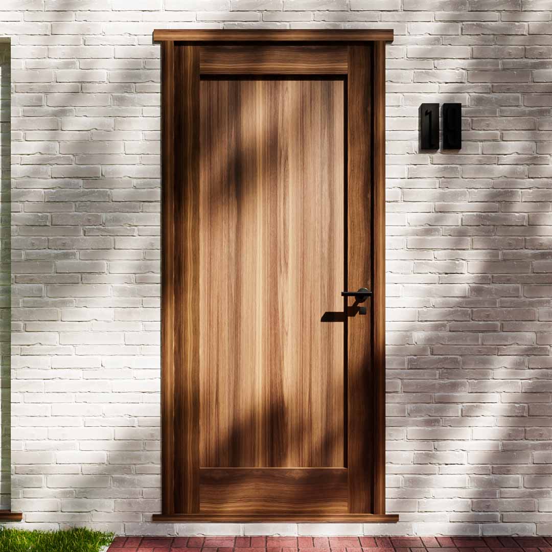 Walnut Wood Shaker Classic Single Panel Solid Core Exterior Front Door on a white brick wall