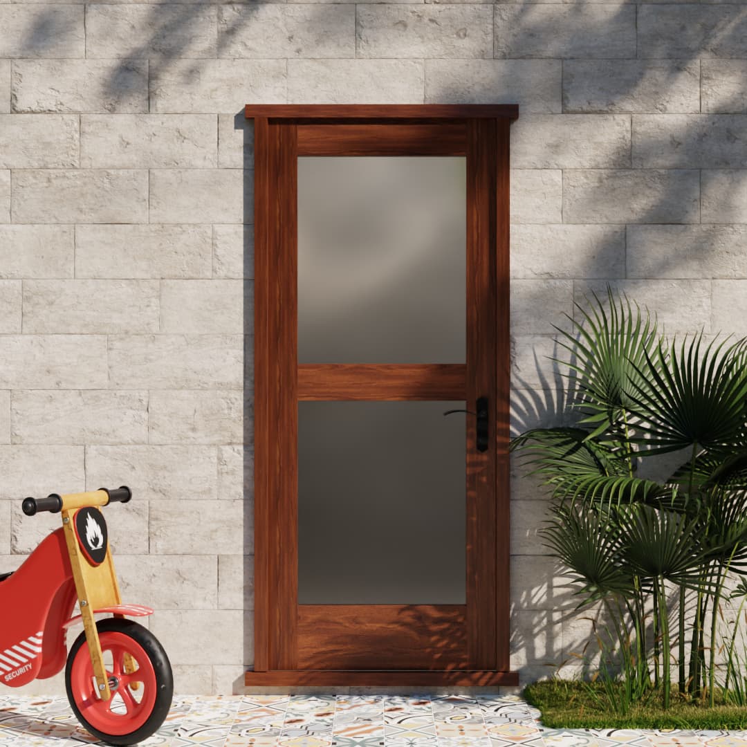 Double Exterior Door Glass Paneled Entry Door next to kids toys and exterior plants