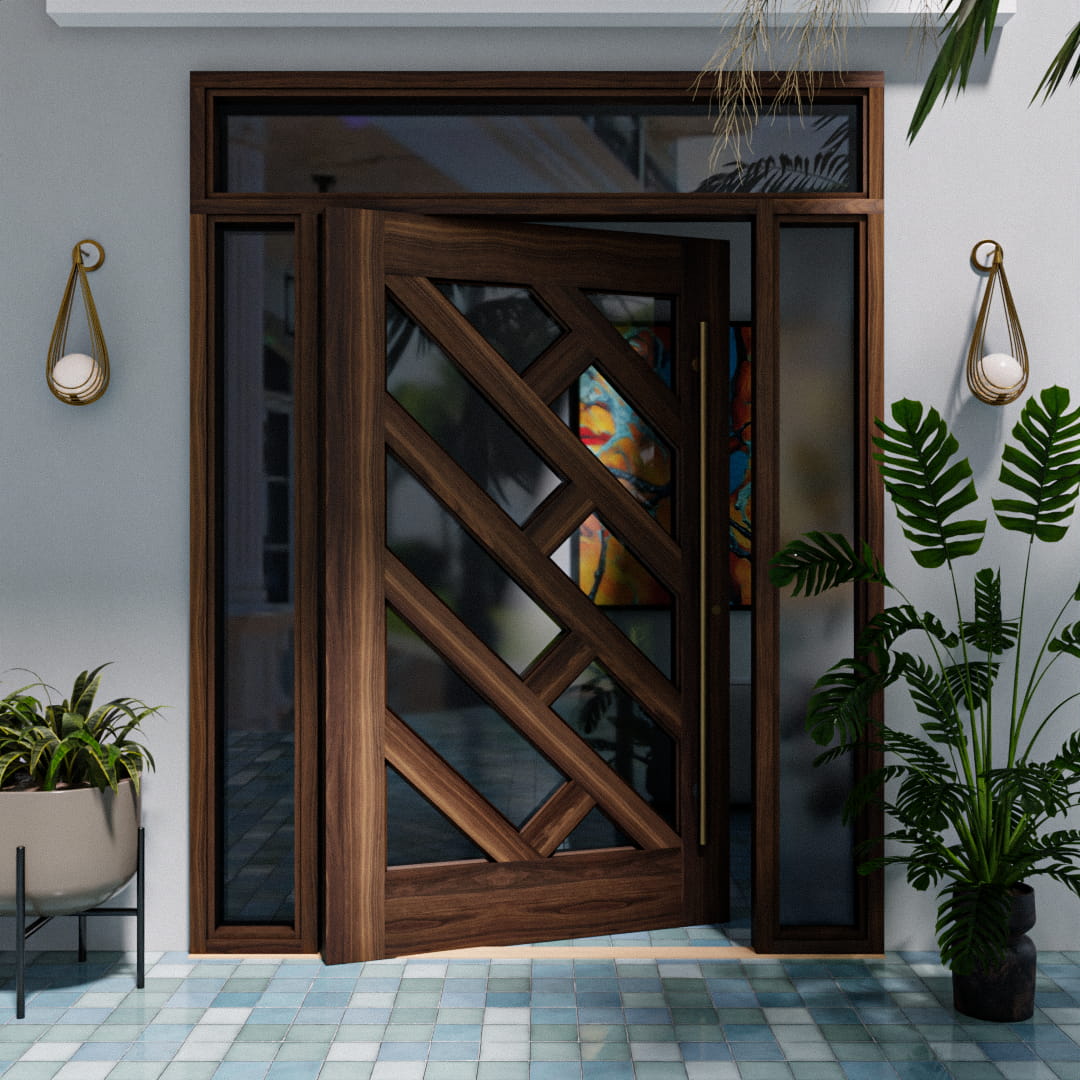 Diagonal Glass Pivot Door on modern home