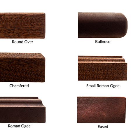 popular butcher block countertops edge styles: round over, bullnose, chamfered, small roman ogee, roman ogee, eased