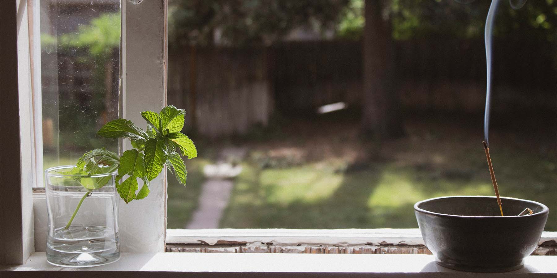 incense and mint leaf on a windowsill