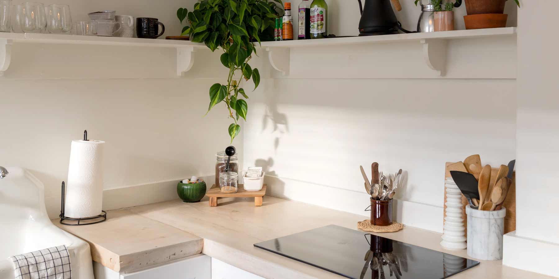 Boho Décor Ideas by RealCraft:  Kitchen space with light wood butcher block countertop