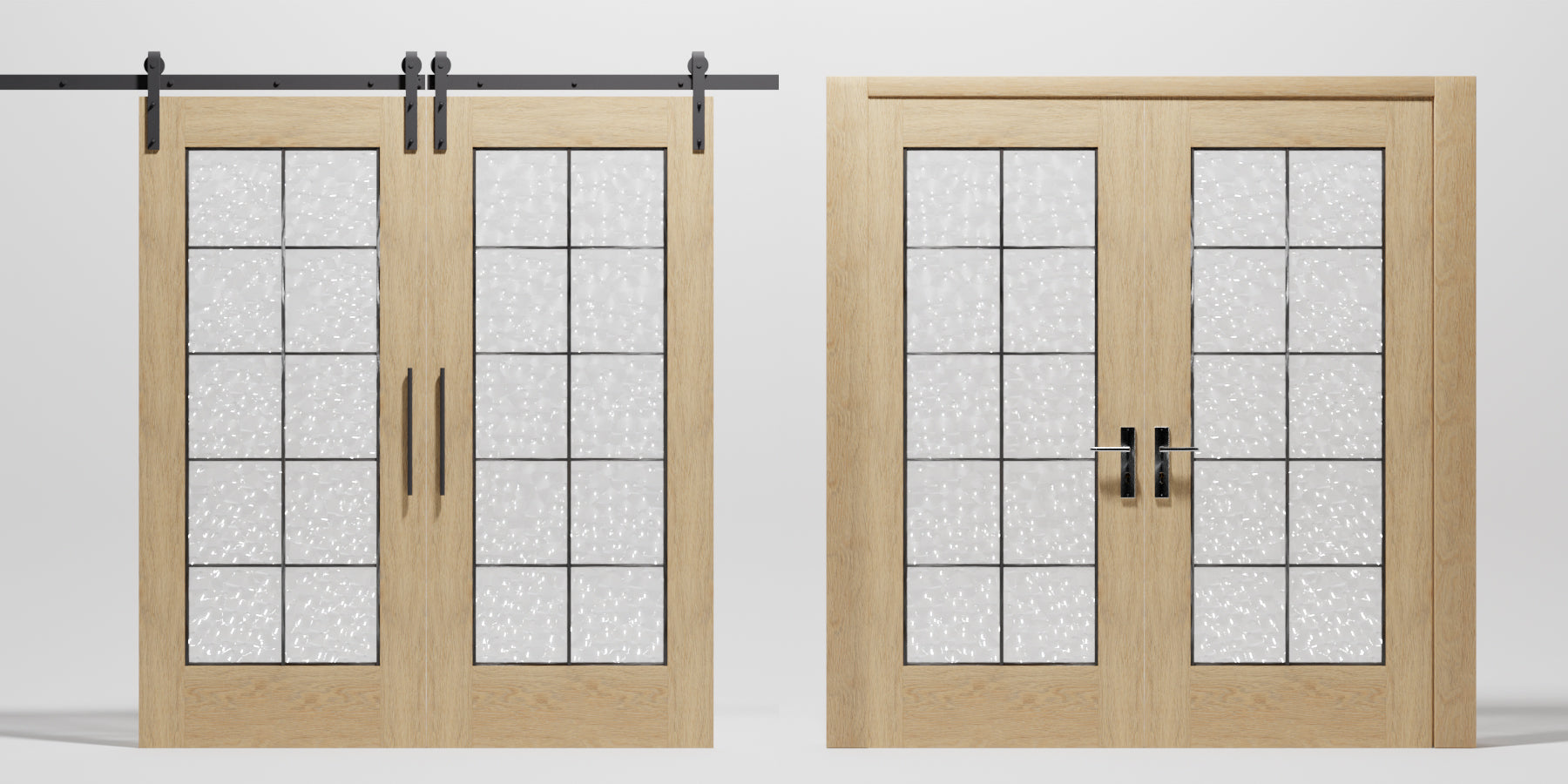 Double Full French Glass Barn Door Design by RealCraft - Sliding and Swinging.