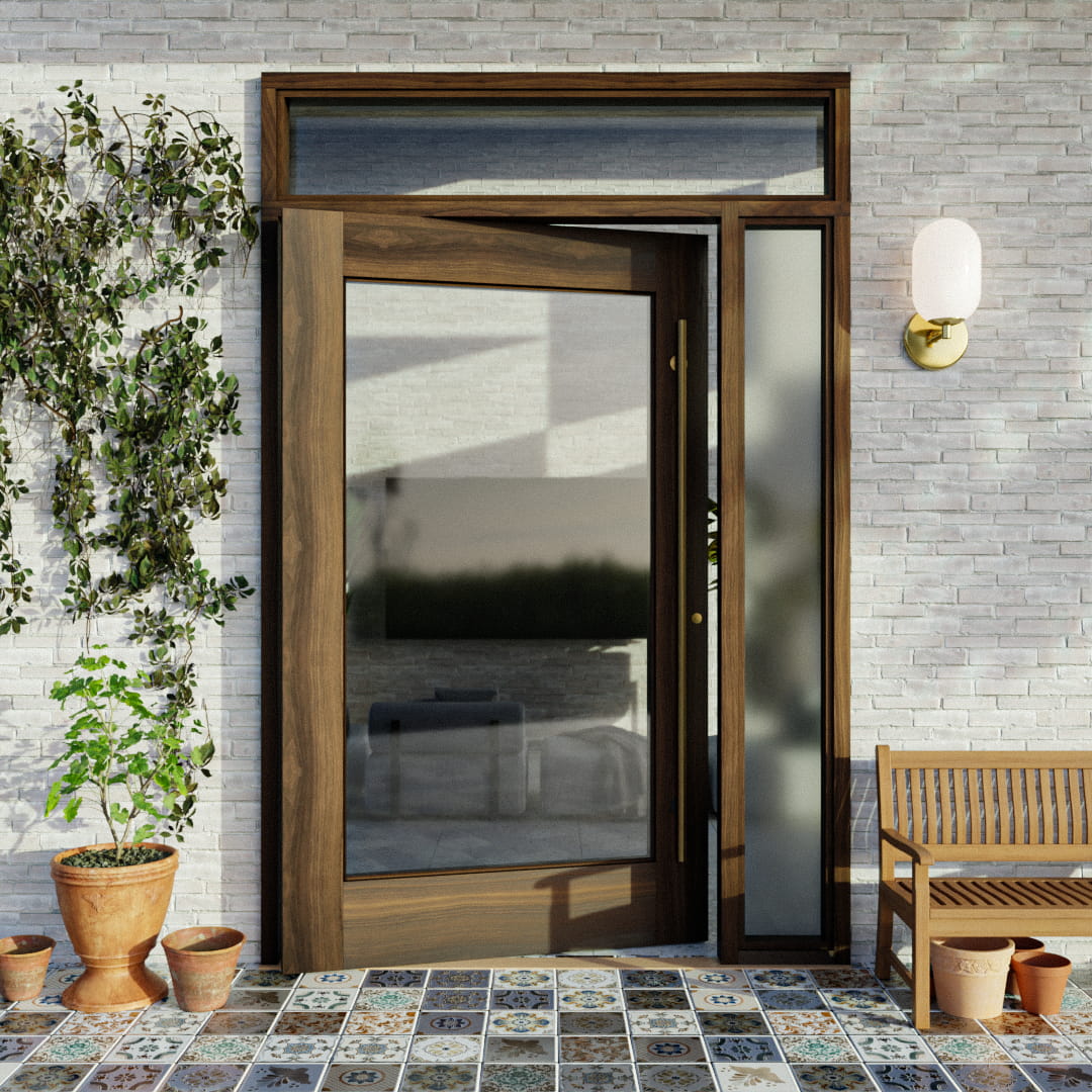 single panel glass pivot door on modern home