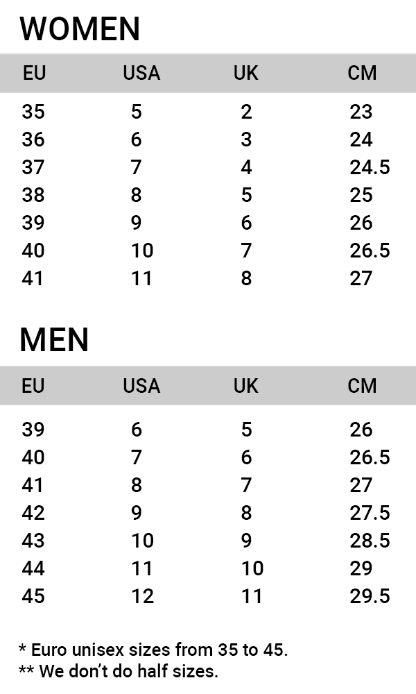 unisex footwear size chart