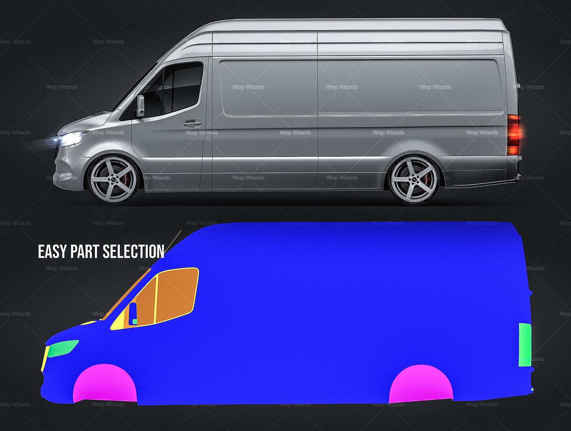 Download Mercedes Benz Sprinter Long High Roof L3h3 2019 Glossy Finish All Si Wrap Wizards Com Premium Car Mockups Templates