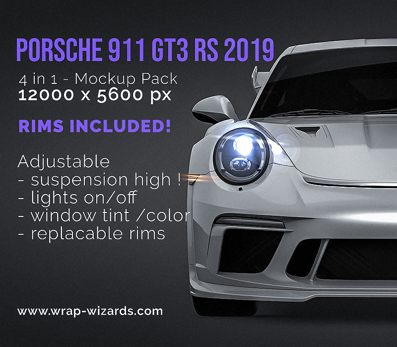 Download Porsche 911 Gt3 Rs 2019 Glossy Finish All Sides Car Mockup Template Wrap Wizards Com Premium Car Mockups Templates