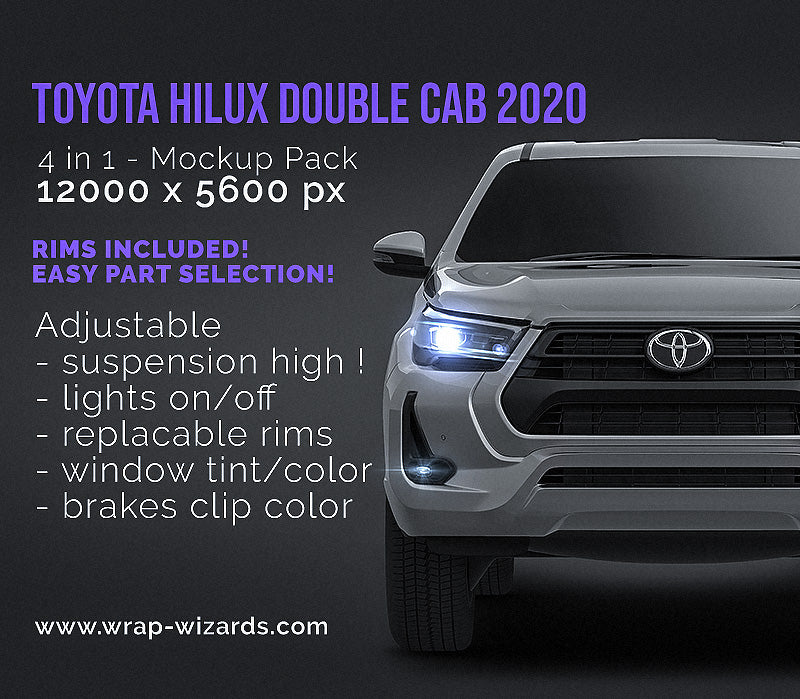 Download Toyota Hilux Double Cab 2020 Glossy Finish All Sides Car Mockup Temp Wrap Wizards Com Premium Car Mockups Templates