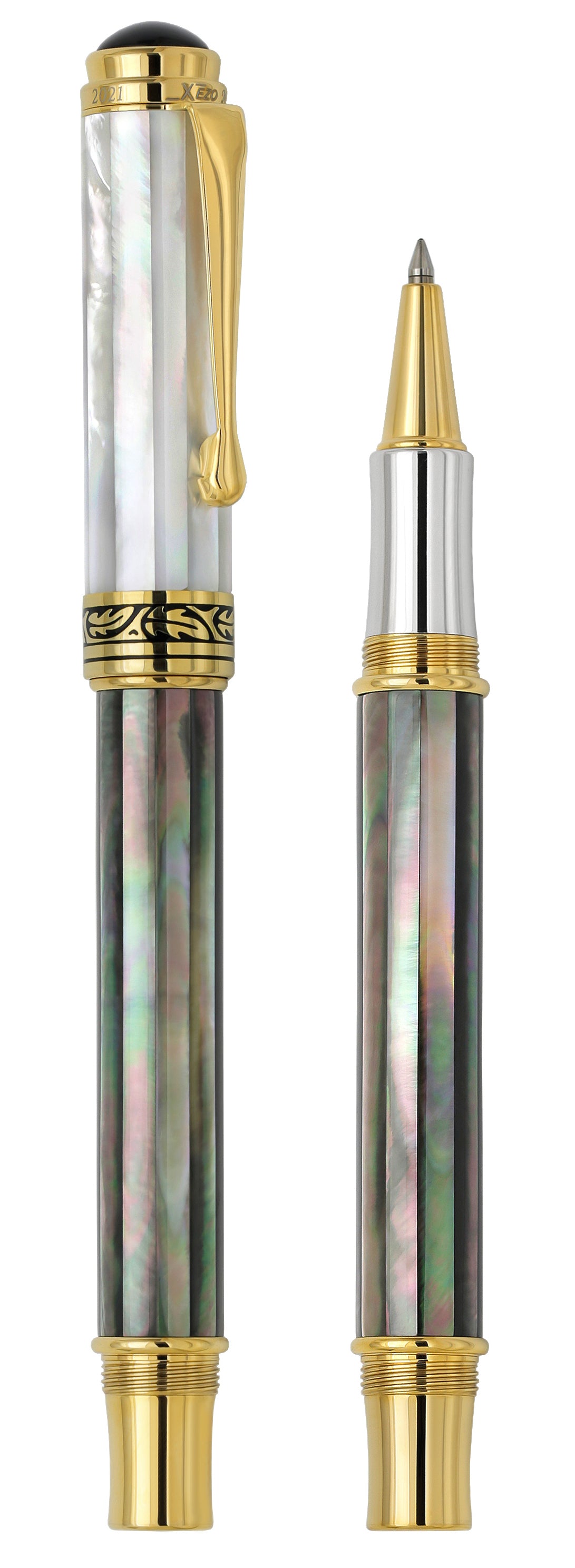 Xezo Maestro オーシャニックオリジン 虹色ホワイトマザーオブパール シリアルナンバー入り中字ペン。18金、プラチナメッキ。同じペンは2つと 