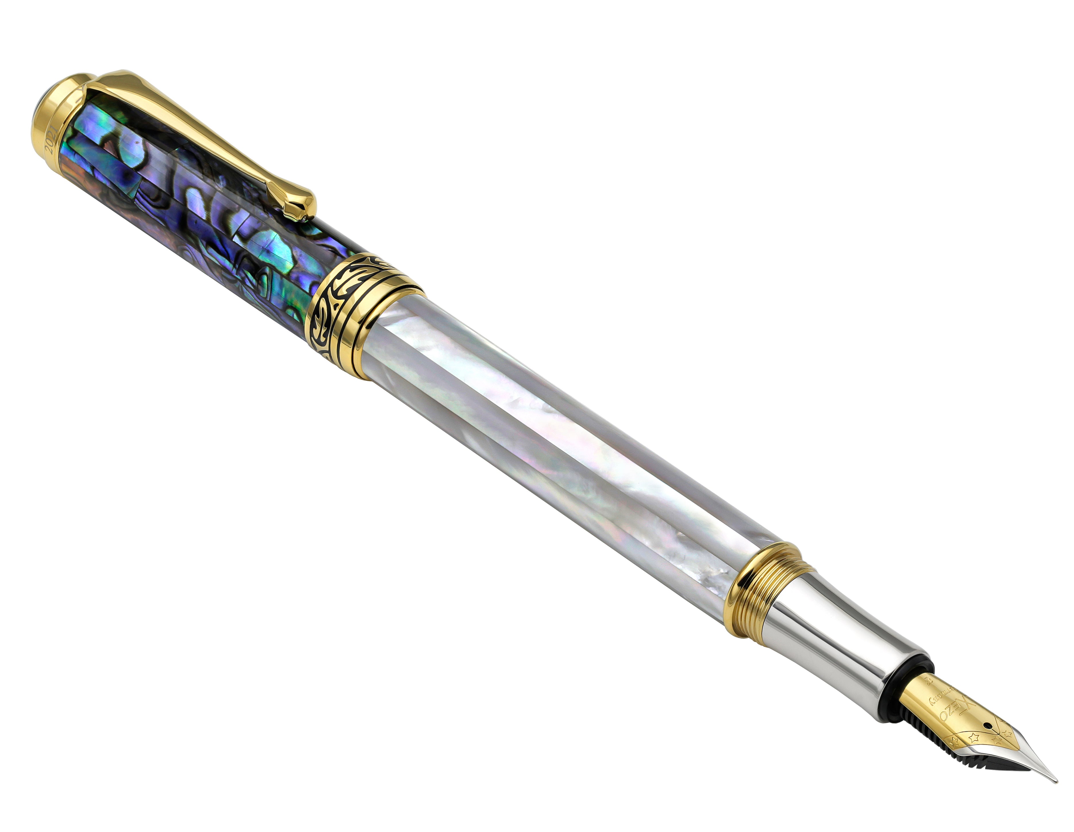 Xezo Maestro オーシャニックオリジン 虹色ホワイトマザーオブパール シリアルナンバー入り中字ペン。18金、プラチナメッキ。同じペンは2つと - 5
