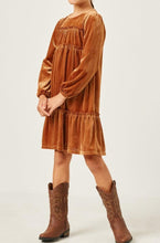Load image into Gallery viewer, Girls Ribbed Velvet Tiered Dress- Camel