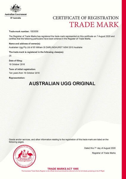 AUSTRALIAN UGG ORIGINAL® Trade Mark Certificate WORD 