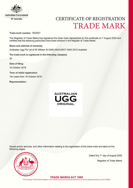 AUSTRALIAN UGG ORIGINAL® Trade Mark Certificate LOGO 
