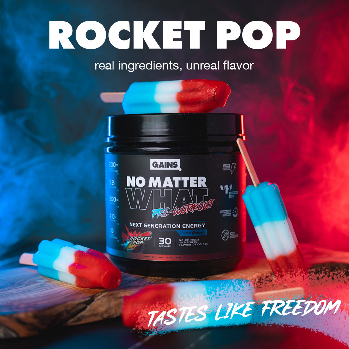 Pre-workout supplement with rocket pop flavor and colorful popsicles, featuring vibrant lighting.