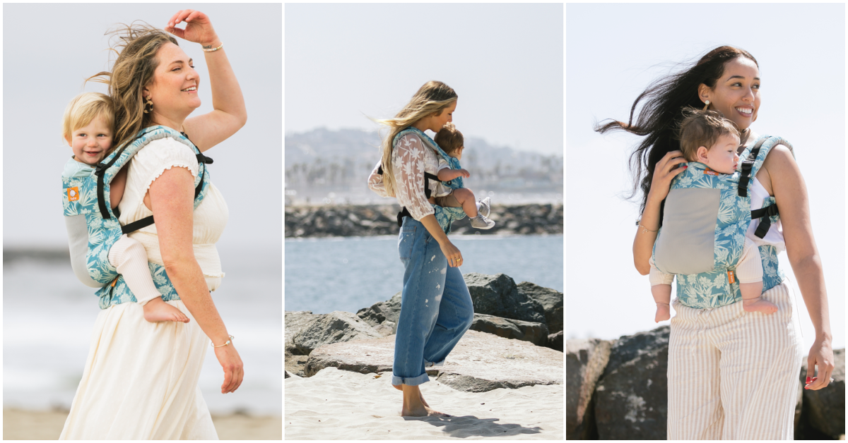 3 photos of a Coast Paradise Tula in Free-to-Grow and Explore. Caregivers are standing on a beach.