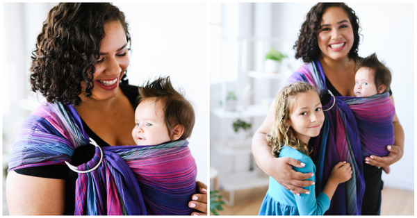 A happy mother child duo using a Ring Sling from Tula.