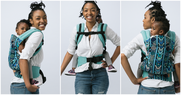 A caregiver carrying their child in a Baby Tula Carrier in different positions.