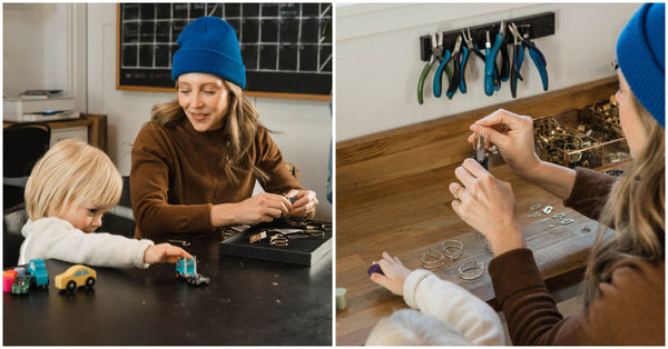 Natalie Joy, jewelry maker, working in her studio with her son