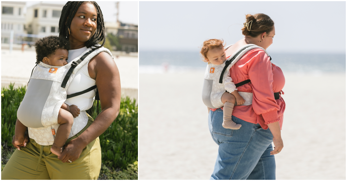 Collage of two different caregivers in Tula Coast Isle Free-to-Grow. Caregiver on the left is a Back woman using a front carry. Caregiver on the right is a plus-size white woman using a back carry.