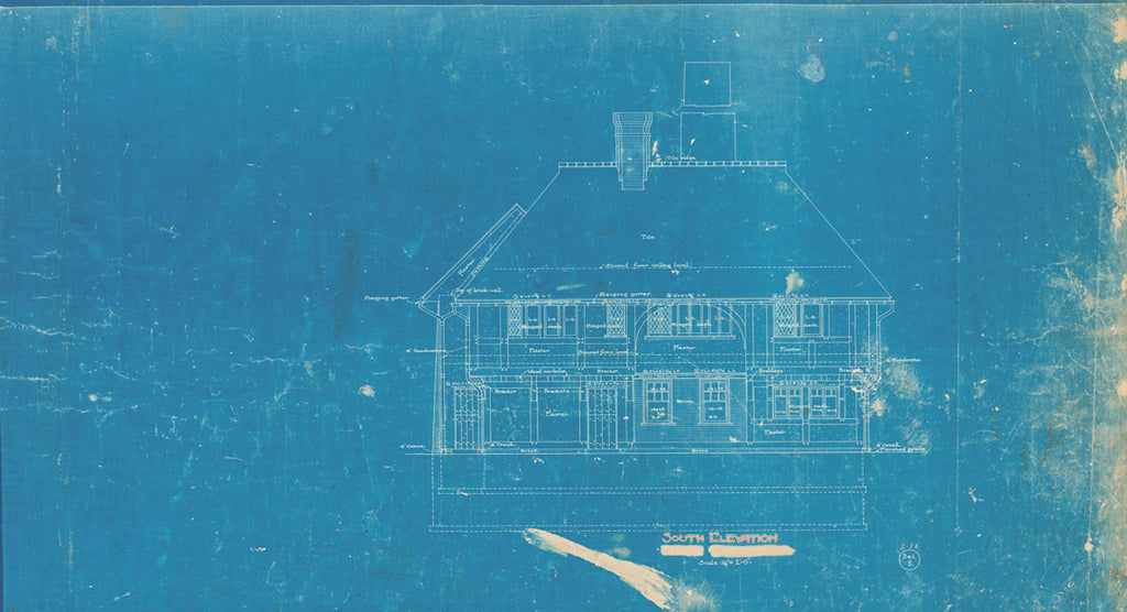 Scans of the blueprints of Pewabic Pottery designed by William Buck Stratton and Frank Baldwin in 1906. This blueprint details the front of the building with Pewabic's signature chimney.