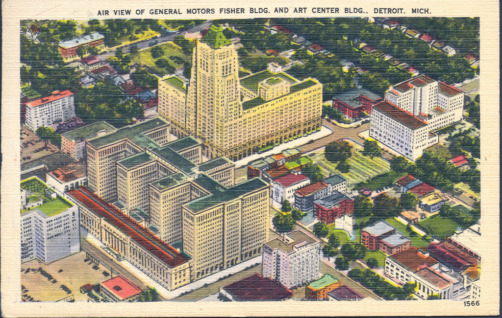 Illustrated postcard depicting an aerial view of the General Motors Building, Fisher Building, and Art Center Building.